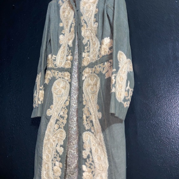Plenty Tracy Reese Anthropologie Olive Green Embroidered Long Denim Nehru Jacket - Picture 2 of 6